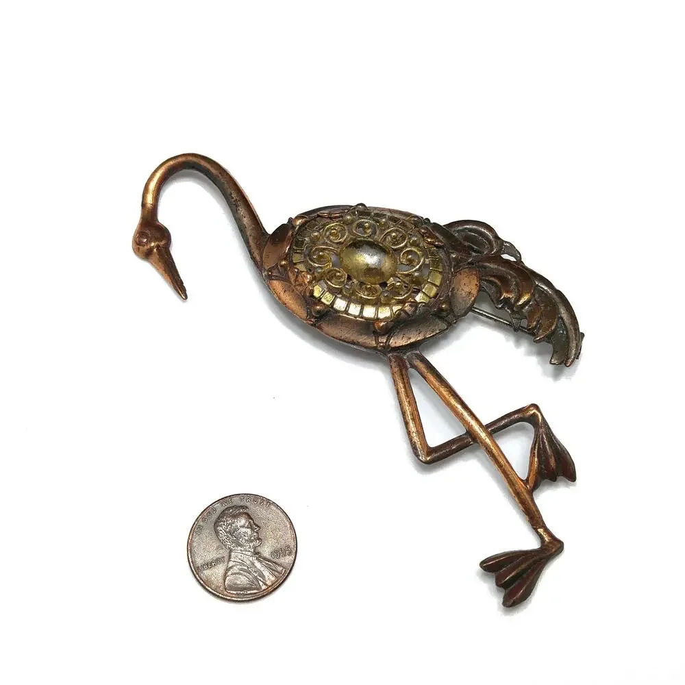 Vintage Tall Bird Brooch, Mixed Metals, 1930s 1940s